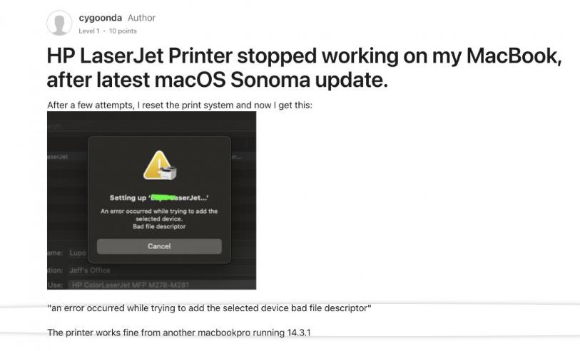 先別更新macOS Sonoma 14.4！問題連爆印表機(jī)功能恐失效(圖1)