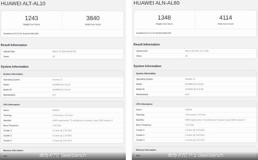華為P70系列在Geekbench跑分曝光 搭載全新升級的麒麟芯片(圖1) 華為P70系列在Geekbench跑分曝光 搭載全新升級的麒麟芯片(圖1)