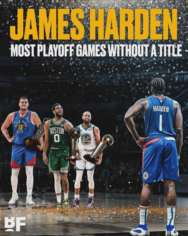 哈登取代霍福德，成為現役季后賽比賽最多，卻未能奪冠的球員